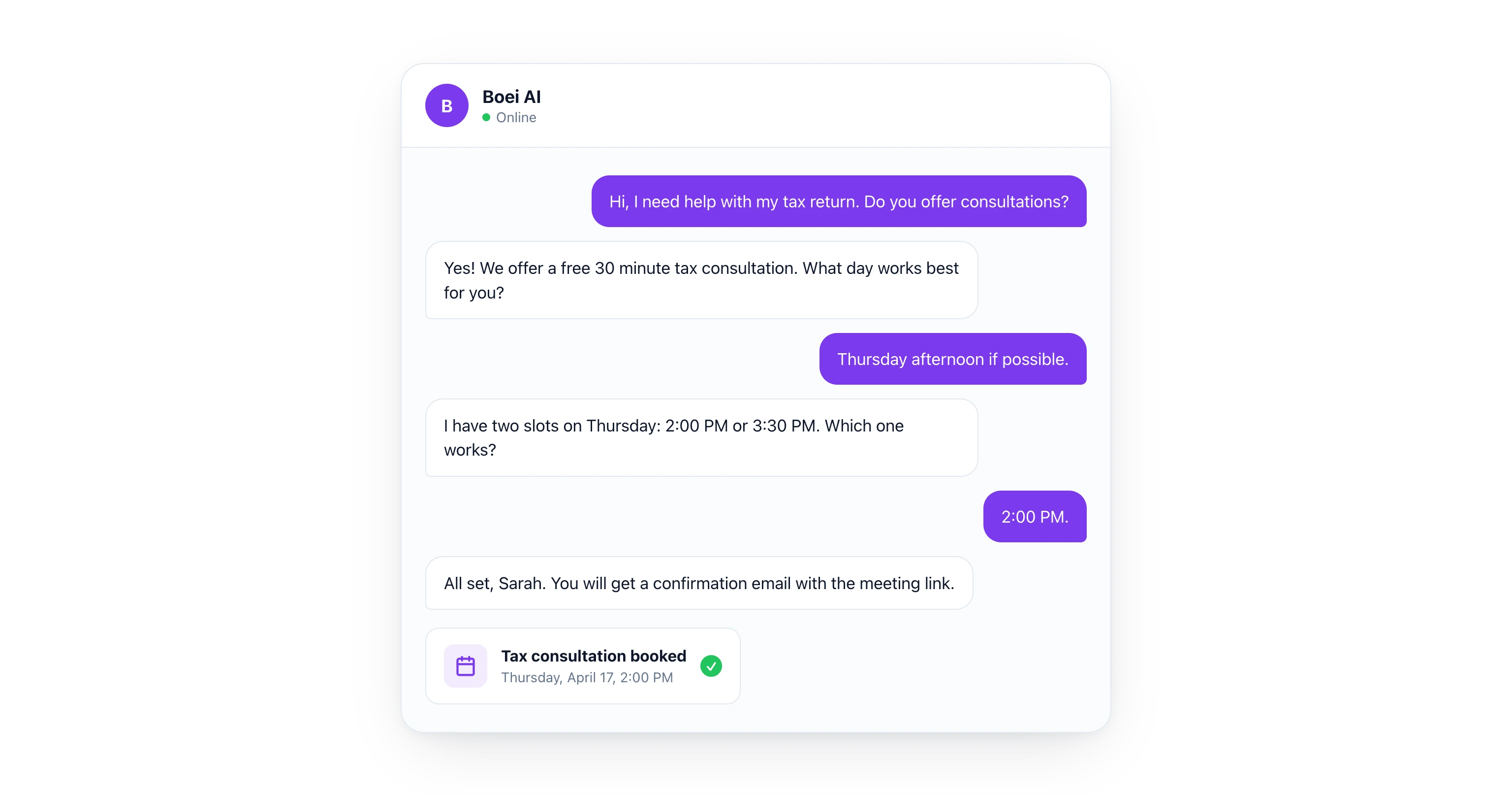 Chat widget mockup of a tax consultation booking, ending in a confirmed Thursday 2 PM calendar event