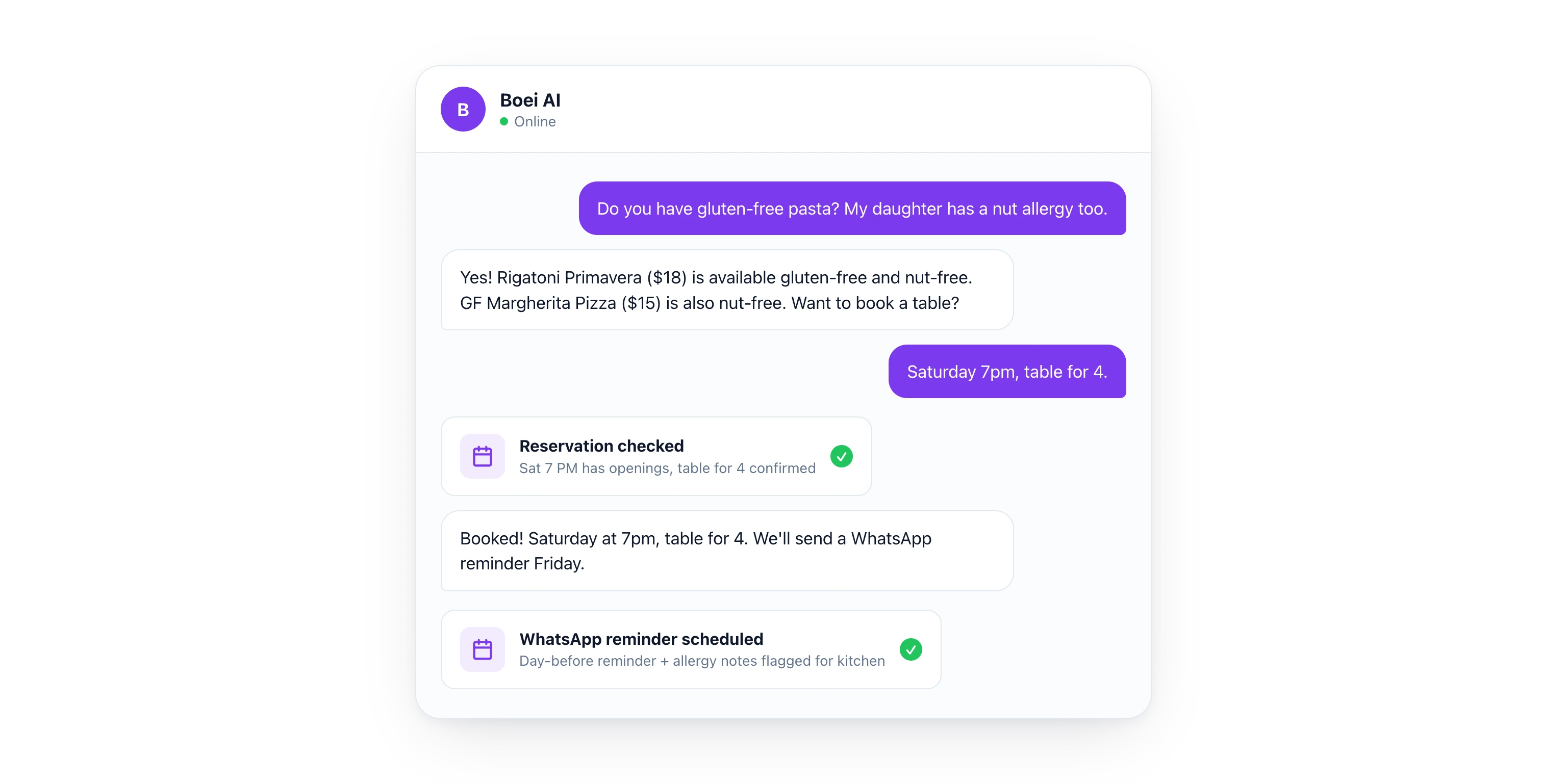 Chat conversation showing a parent asking about gluten-free pasta and nut allergies, the AI naming two safe dishes from the menu, booking a Saturday 7pm table for 4, and scheduling a Friday WhatsApp reminder with allergy notes flagged for the kitchen