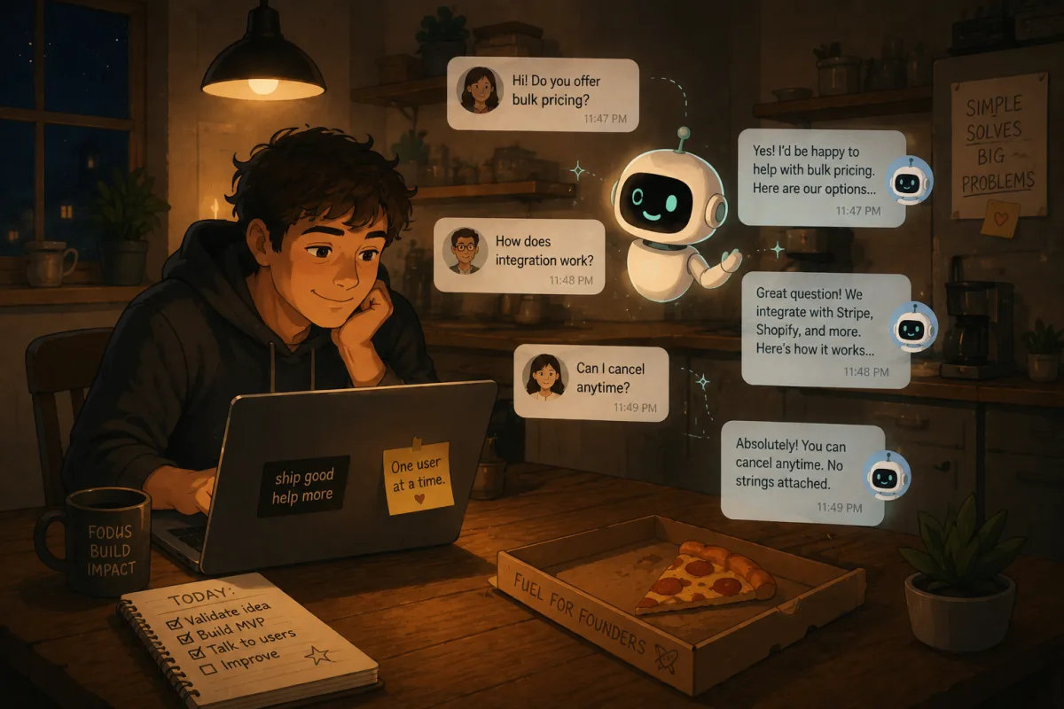A startup founder working late at the kitchen table while an AI chatbot handles incoming customer questions in the background