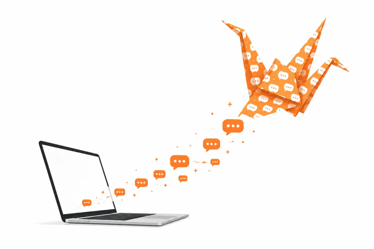 An origami crane made of chat bubbles taking flight from a startup laptop, symbolizing scale without hiring