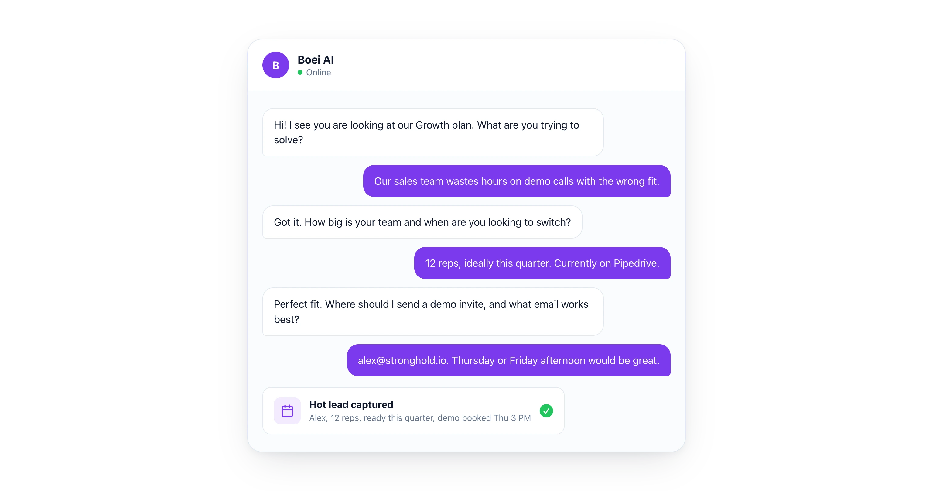 Chat conversation where the AI asks a visitor about their problem, team size and timeline, captures their email and books a demo, ending in a hot lead summary card