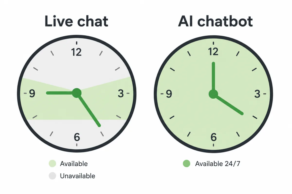 Live chat covers business hours only while an AI chatbot stays available 24/7