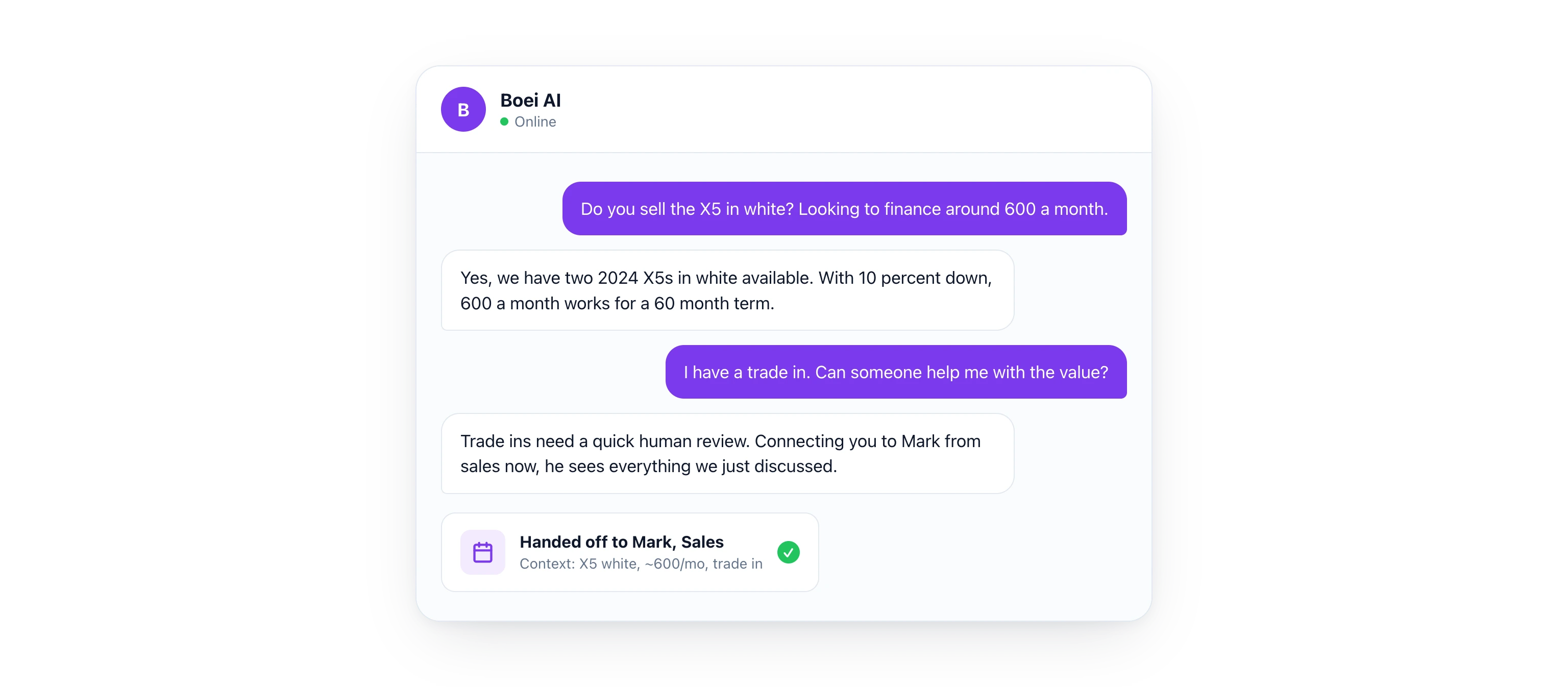 Chat widget conversation where the AI answers a financing question about a white BMW X5, then hands off to a human sales agent named Mark with full context when the visitor mentions a trade in