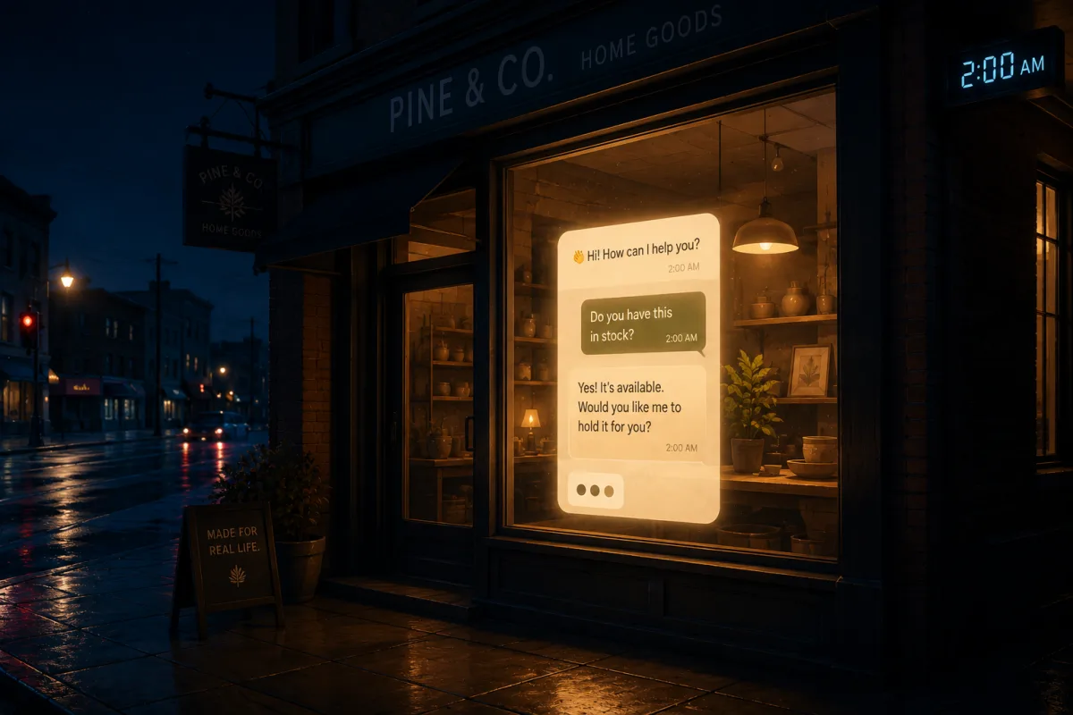 A small business storefront at 2am with an AI chat conversation glowing in the window