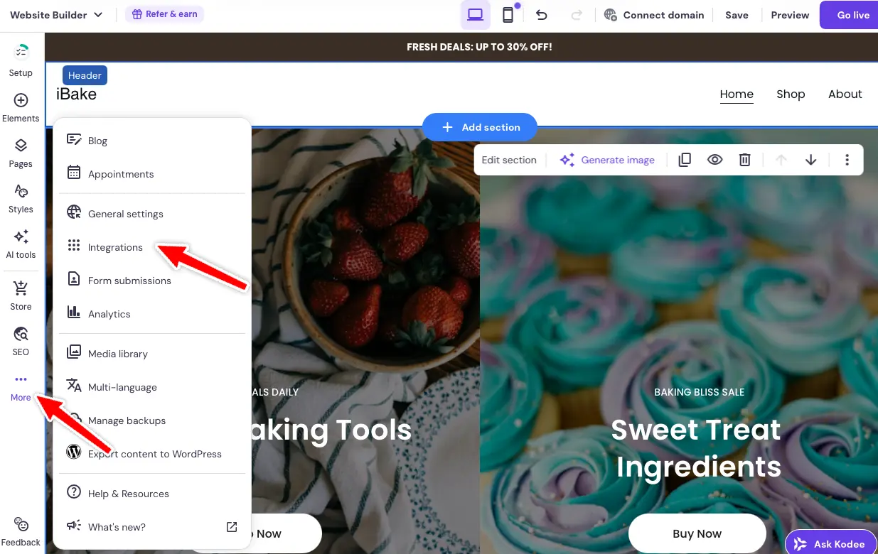 Open Integrations in Hostinger