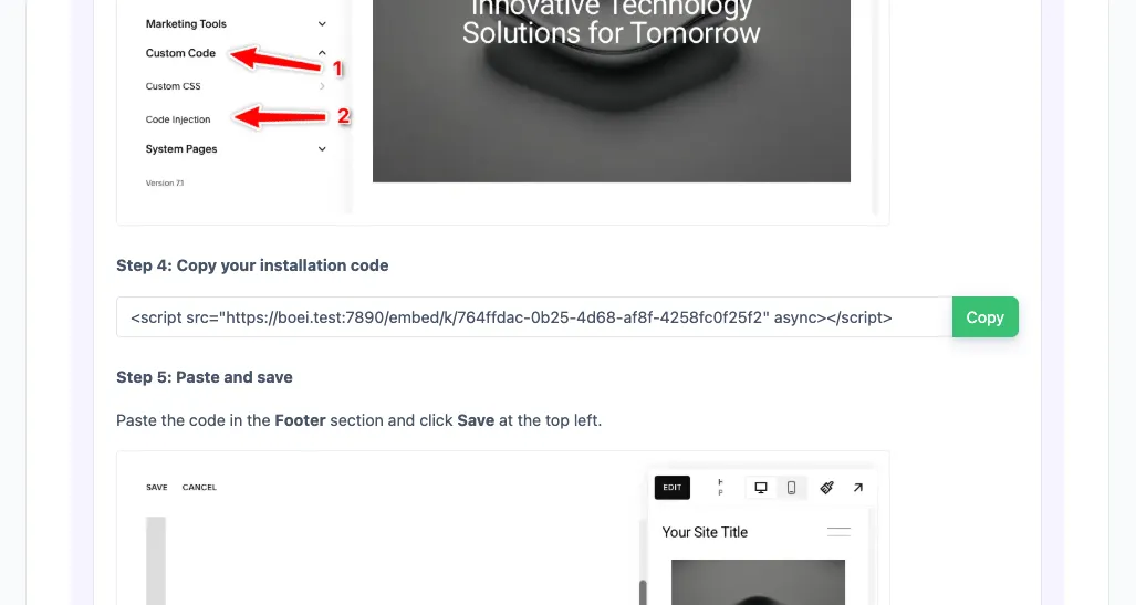 Install tab - Squarespace