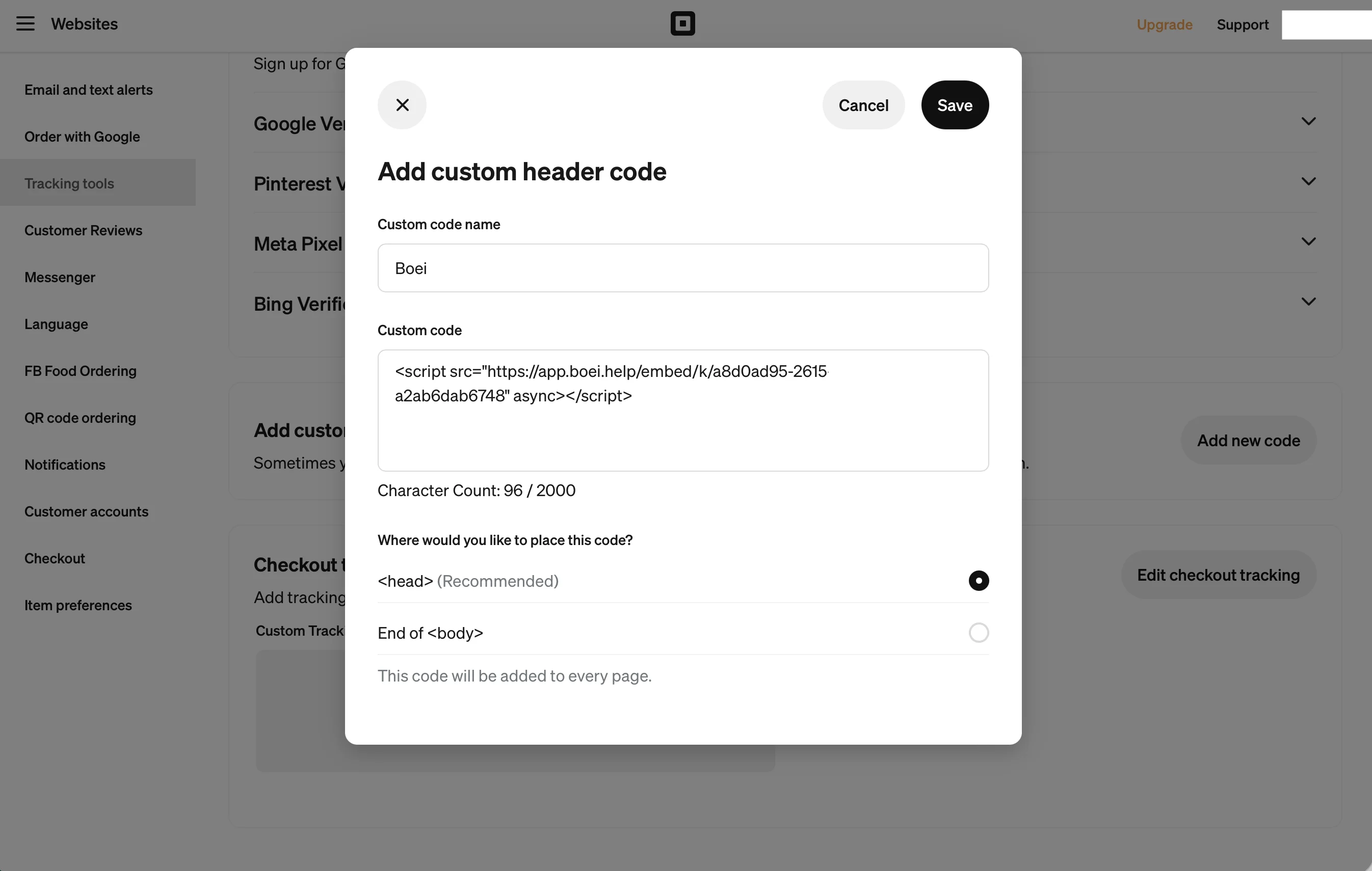 Paste Boei code in Square Online custom header