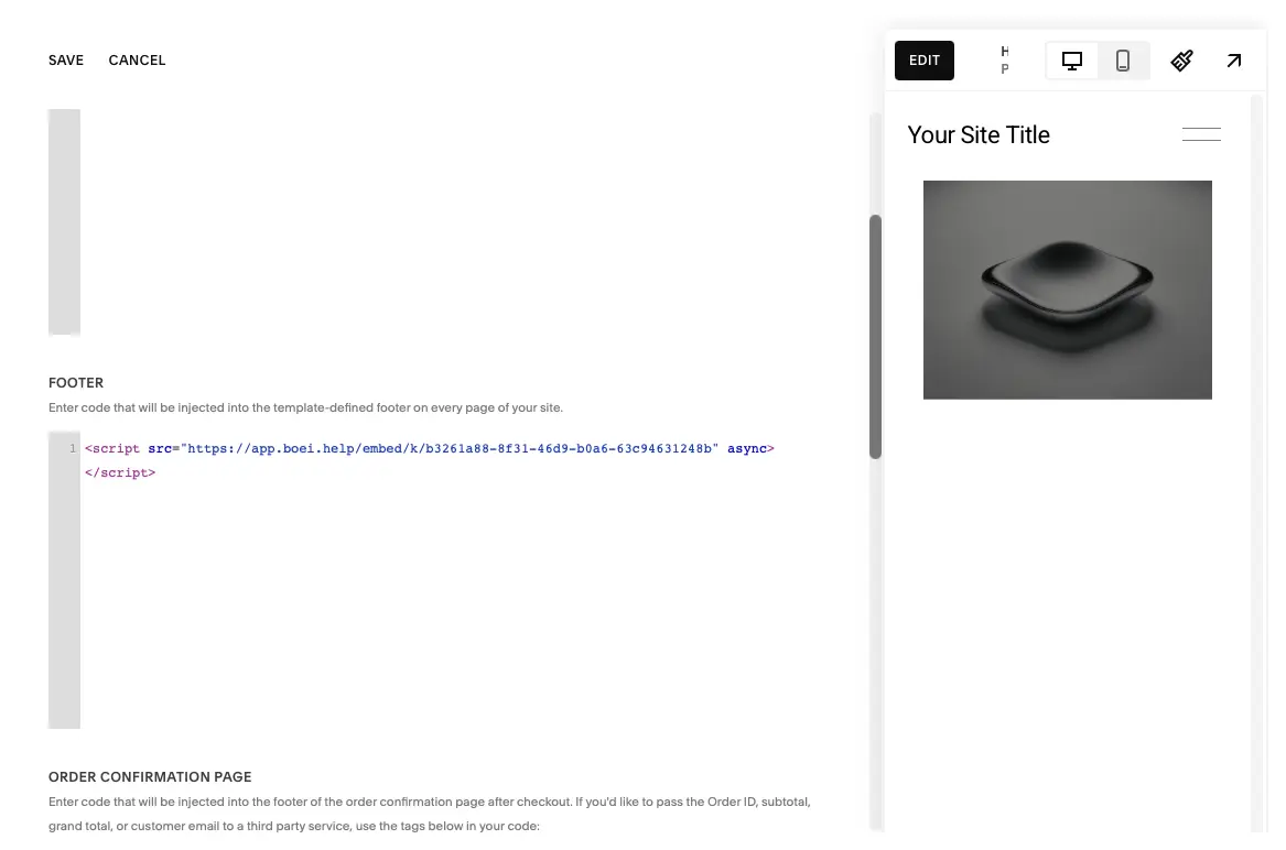 Paste Boei code in Footer section