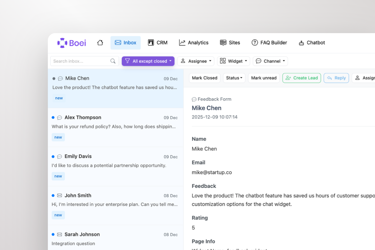 Inbox showing all messages and lead tracking board
