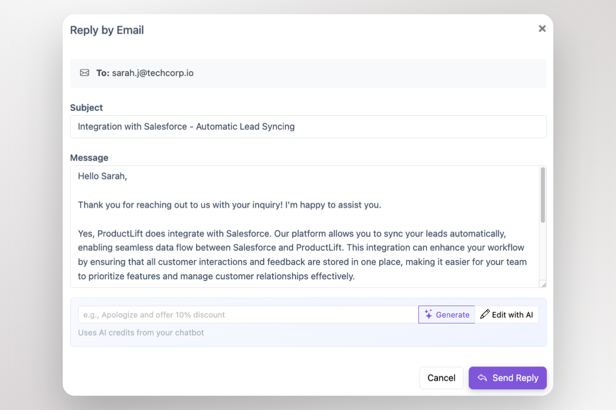 AI reply suggestions based on website content appearing in the inbox