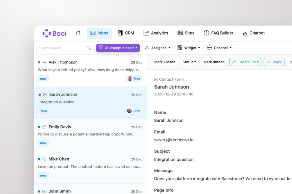 Unified inbox, single inbox with AI chatbot and WhatsApp leads